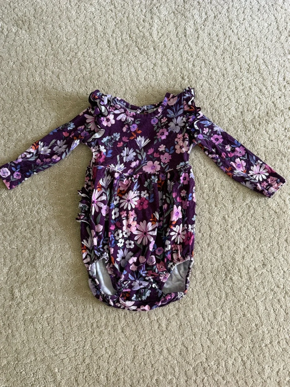 Purple Floral Long-Sleeve Ruffle Baby Romper